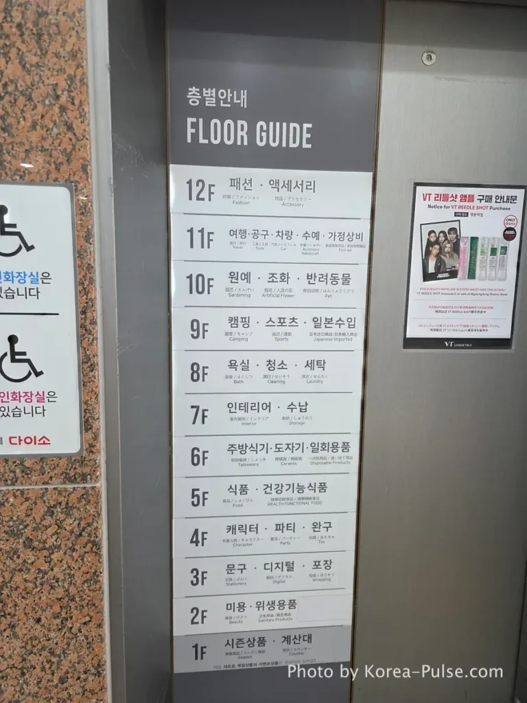 Daiso Myeongdong Station branch floor guide directory board showing all 12 levels in lobby Seoul
