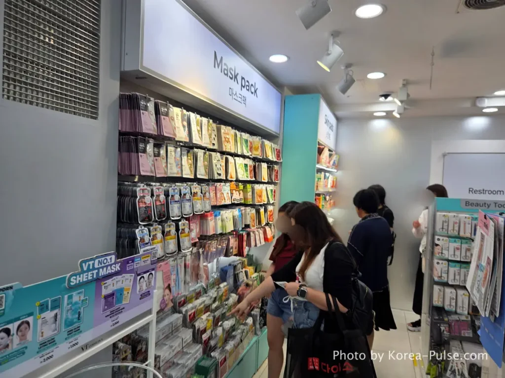 Mask pack wall display with VT No.1 Sheet Mask on 2nd floor Daiso Myeongdong Station branch Seoul