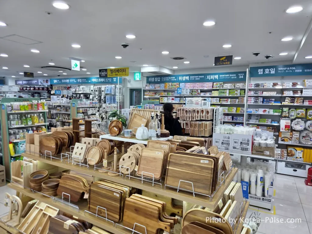 Kitchen utensils wooden tableware and ceramic bowls display on 6th floor Daiso Myeongdong Station branch Seoul