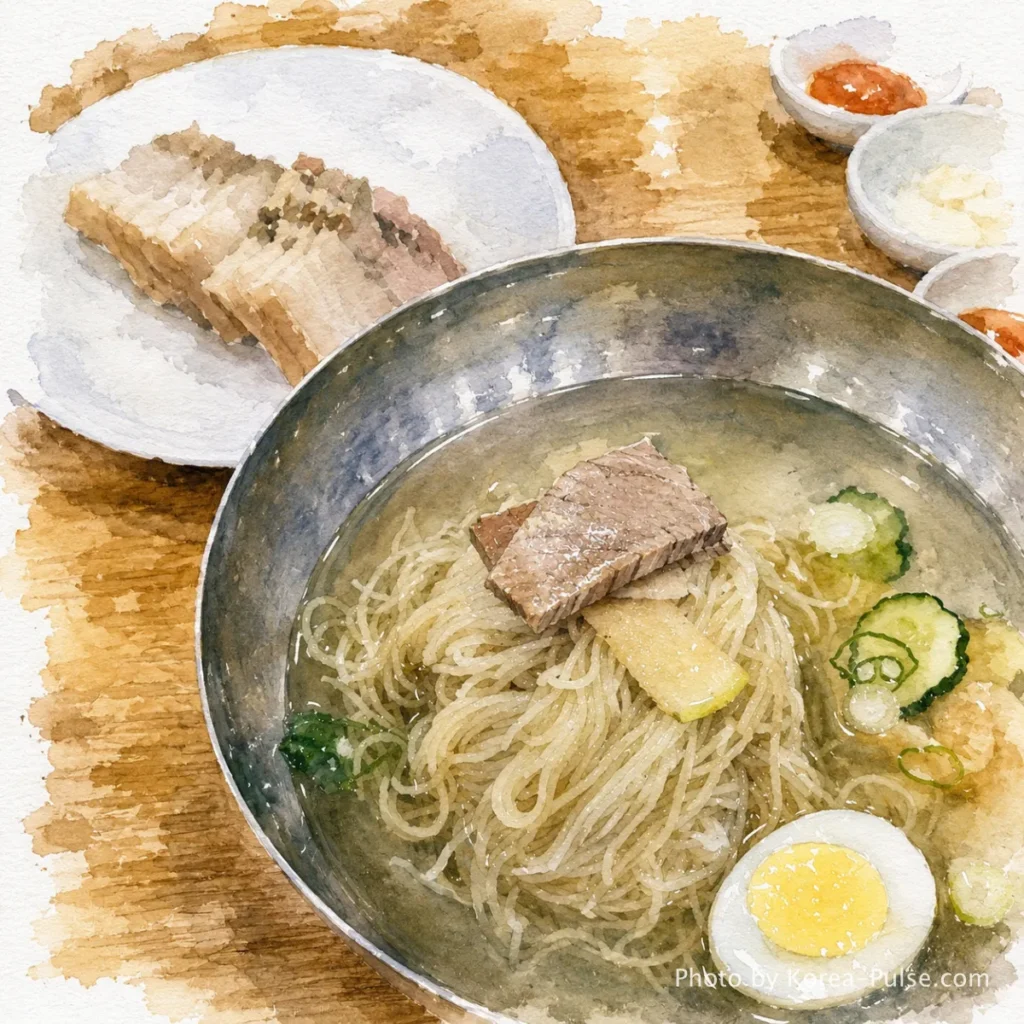 Pyeongyang-style cold buckwheat noodles in clear beef broth at Jinmi Naengmyeon, Gangnam Seoul — Michelin Bib Gourmand