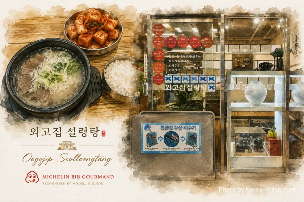 Oegojip Seolleongtang ox bone soup served in traditional brass bowl at Samseong-dong Seoul — Blue Ribbon restaurant