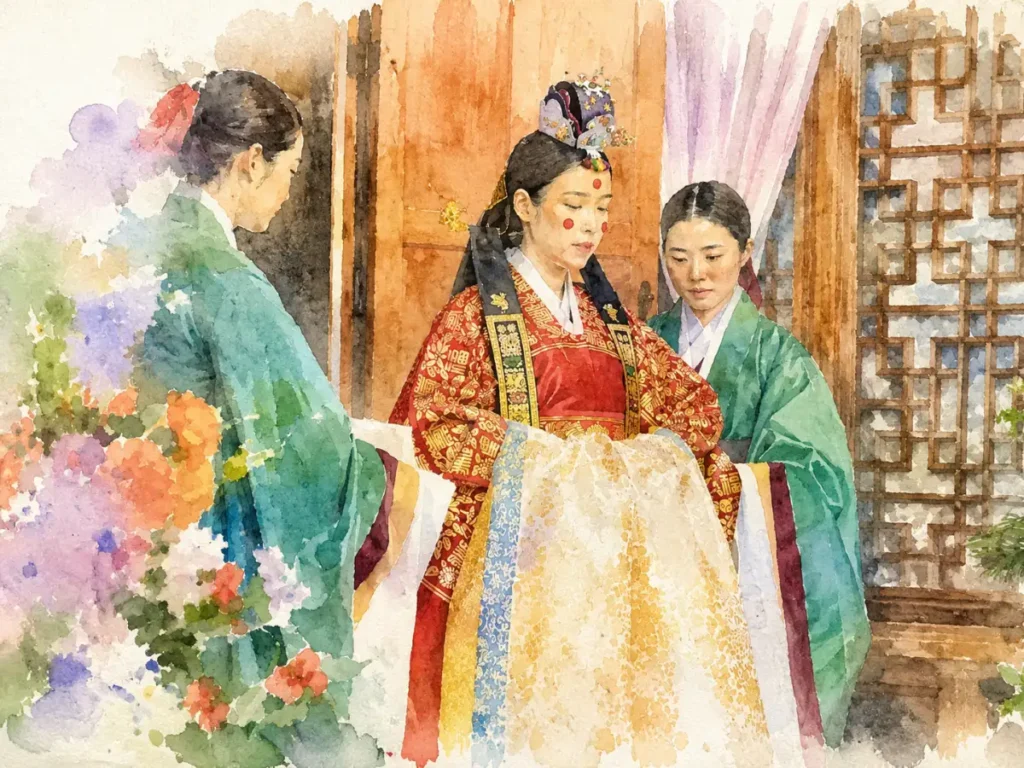 A mesmerizing scene from 'Perfect Crown' reimagined in watercolor, capturing the timeless elegance of the 21st-century Korean Royal Court