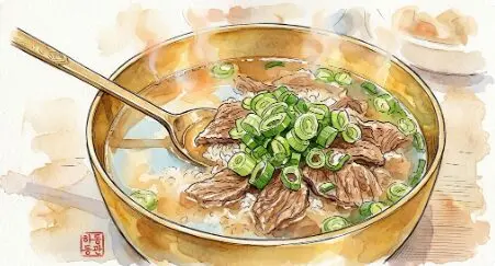 Best Myeongdong Restaurants: 5 Legendary Korean Spots Verified for 2026 3 A detailed watercolor illustration of a bowl of Hadongkwan Gomtang (Korean beef bone soup). A golden brass bowl is filled with hot, rich broth, sliced beef, and a generous layer of finely chopped fresh green scallions. A brass spoon is in the soup. Steam rises from the dish. Here is one of the Best Myeongdong Restaurants.