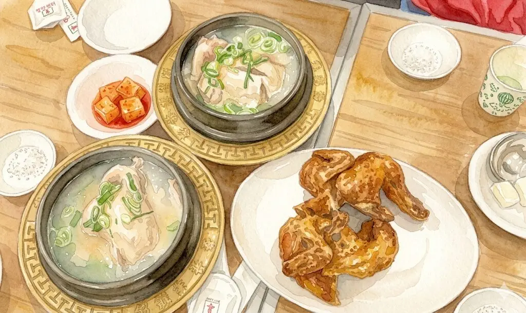 Best Myeongdong Restaurants: 5 Legendary Korean Spots Verified for 2026 6 A watercolor painting of a traditional Korean meal featuring two stone bowls of Samgyetang (ginseng chicken soup) with green onions, a plate of golden-brown electric-roasted chicken, and side dishes like kkakdugi (radish kimchi) and salt, all set on a wooden table. Here is one of the Best Myeongdong Restaurants.