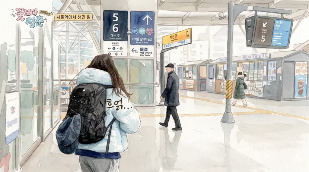 Unplanned Trip Limited Edition watercolor scene Yumi walking Seoul Station concourse before KTX departure
