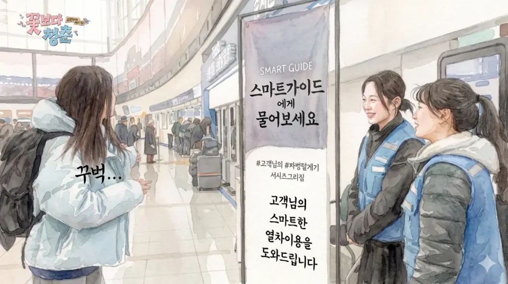 Unplanned Trip Limited Edition watercolor scene Yumi at Seoul Station ticket window asking about payment method