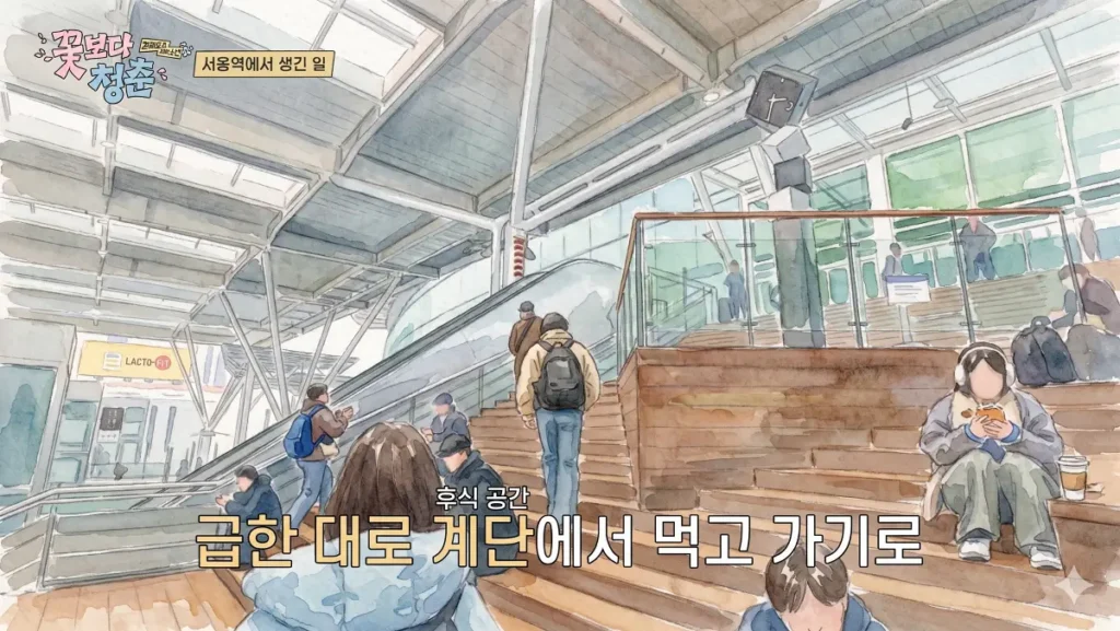 Unplanned Trip Limited Edition watercolor scene cast eating at Seoul Station bleacher stairs before KTX departure