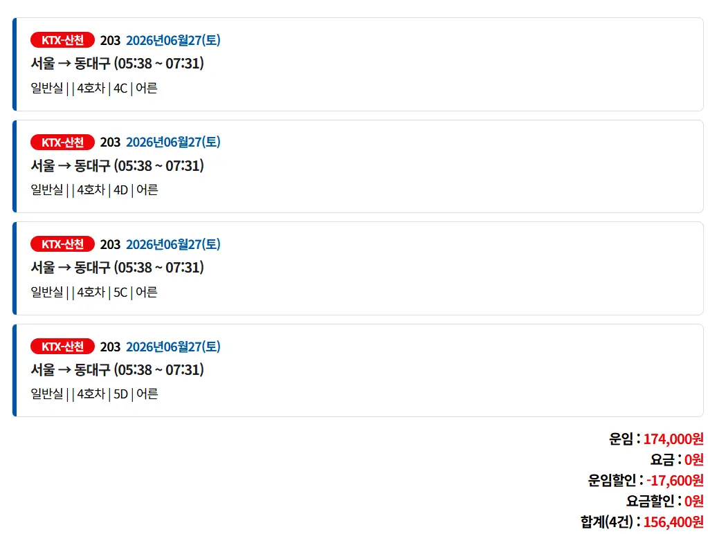 Korail booking screenshot showing KTX companion seat 1 set of 4 total 156400 won with 17600 won discount