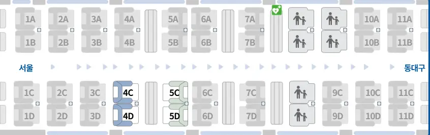 Korail seat map showing KTX companion seat quad layout 4C 4D 5C 5D facing each other