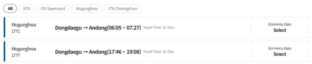 Dongdaegu to Andong Train: Riding Korea's Classic Mugunghwa 1 Korail English timetable two daily Mugunghwa trains Dongdaegu to Andong 06:05 and 17:46