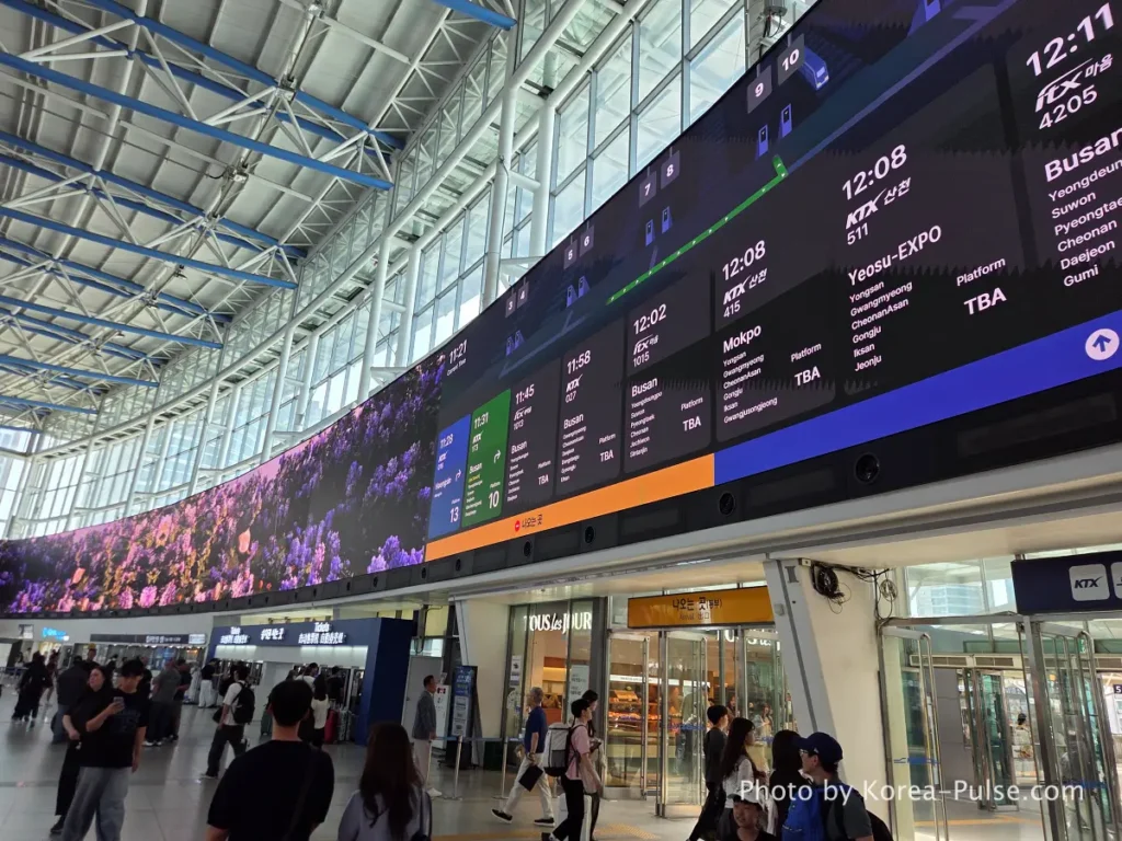 KTX family trip Korea departure board at Seoul Station showing Platform 10