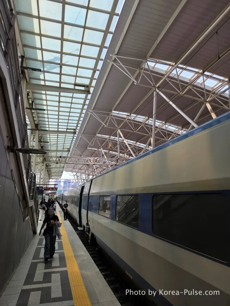 KTX train at Platform 10 Seoul Station viewed from trackside on KTX family trip Korea