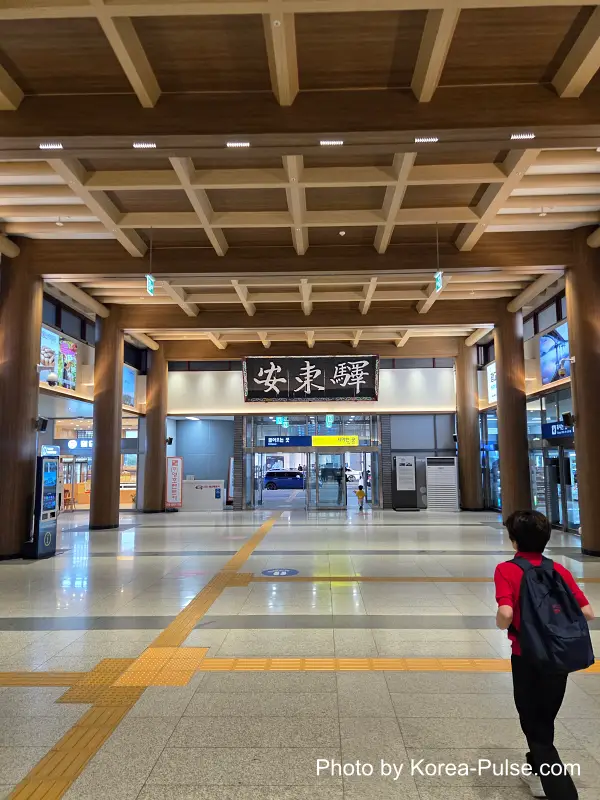 Dongdaegu to Andong Train: Riding Korea's Classic Mugunghwa 11 Andong Station interior 安東驛 calligraphy sign wooden ceiling child red backpack evening arrival