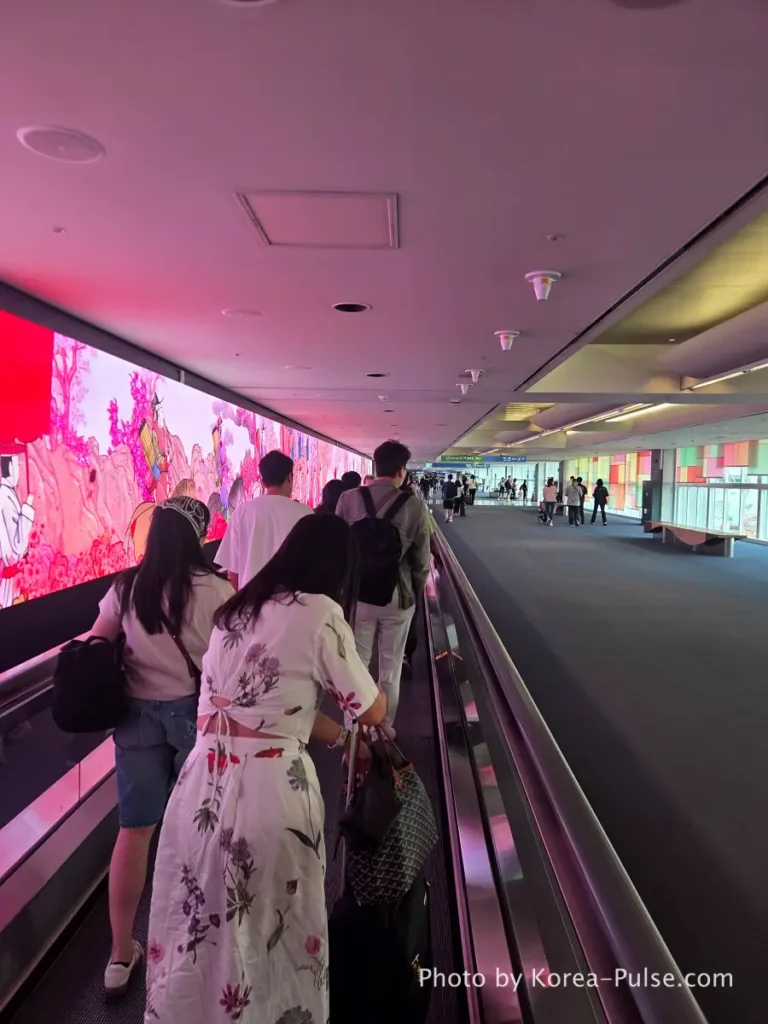 Incheon Airport Arrival Guide: Plane to Bus in Under an Hour 3 Moving walkway at Incheon Airport arrivals corridor with traditional Korean cultural art digital screen on left wall