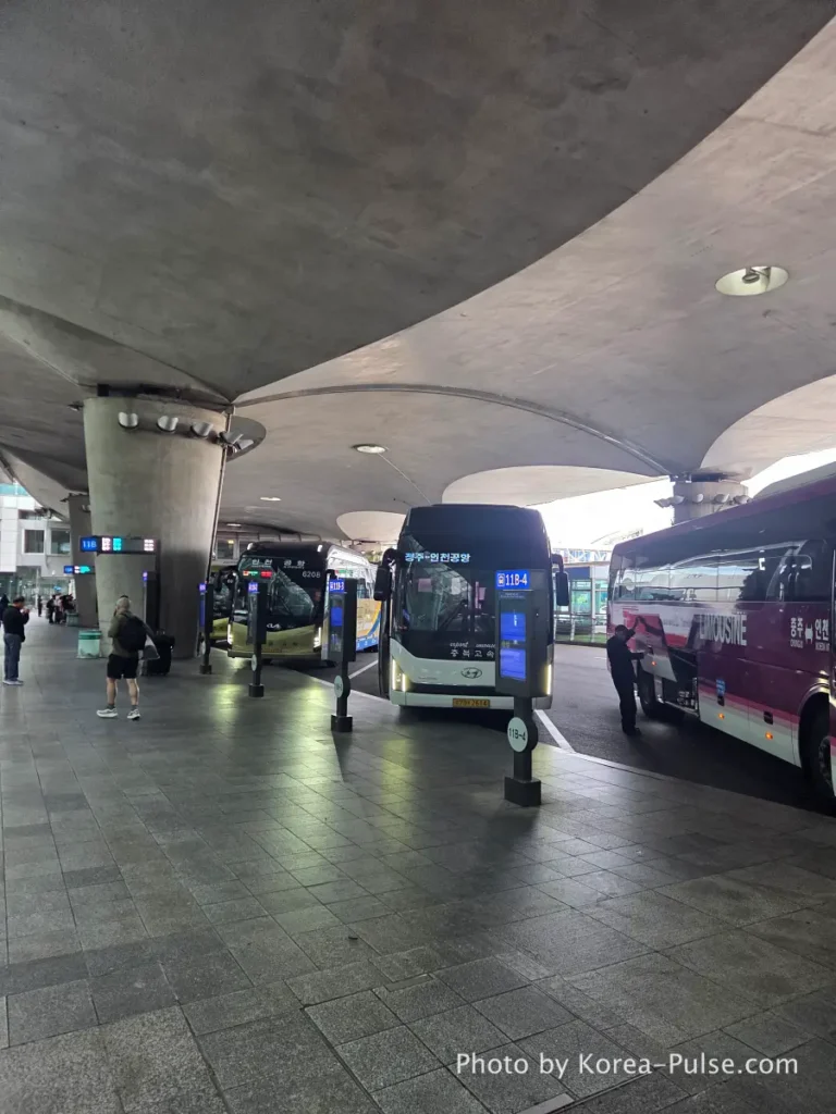 Incheon Airport Arrival Guide: Plane to Bus in Under an Hour 12 Incheon Airport Terminal 1 outdoor bus platforms showing provincial route buses waiting at departure bays