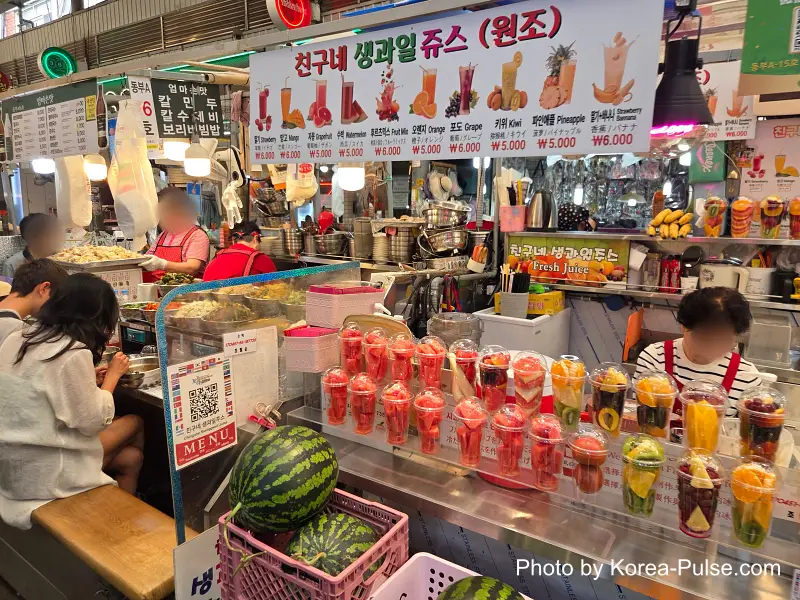 Gwangjang Market fresh fruit juice stall near South Gate 1 watermelon mango citrus summer