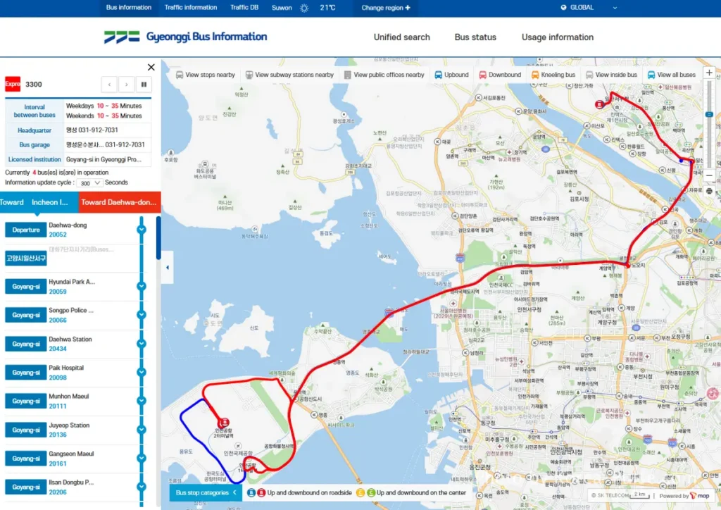 Airport Bus 3300 official route map from Gyeonggi Bus Information System showing Ilsan to Incheon Airport stops