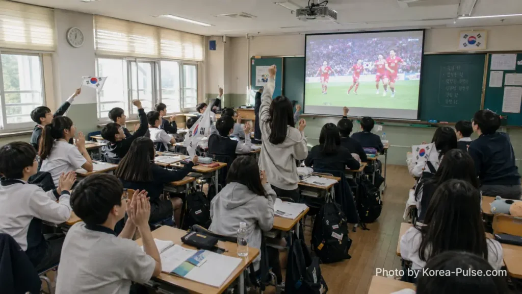 Korea World Cup 2026: Inside the Nation That Never Stops Believing 2 Korean middle school students cheering Korea Republic FIFA World Cup 2026 match on classroom projector screen with Korean flags