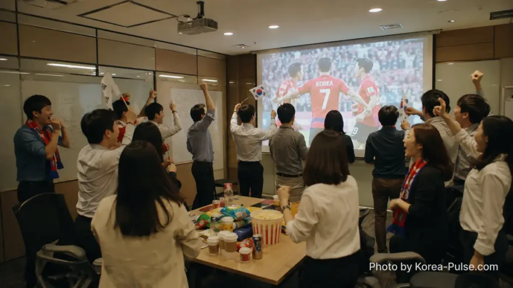 Korea World Cup 2026: Inside the Nation That Never Stops Believing 1 Korean office workers cheering Korea Republic FIFA World Cup 2026 match in Seoul company meeting room with projector screen