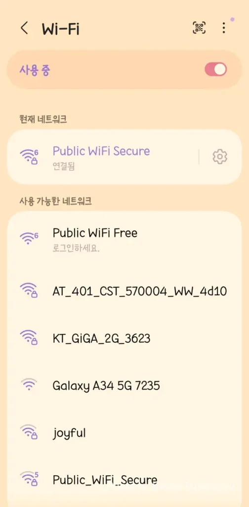Android Samsung Wi-Fi settings screen showing Public WiFi Secure as currently connected network with Wi-Fi 6 icon on Airport Bus 3300 Korea