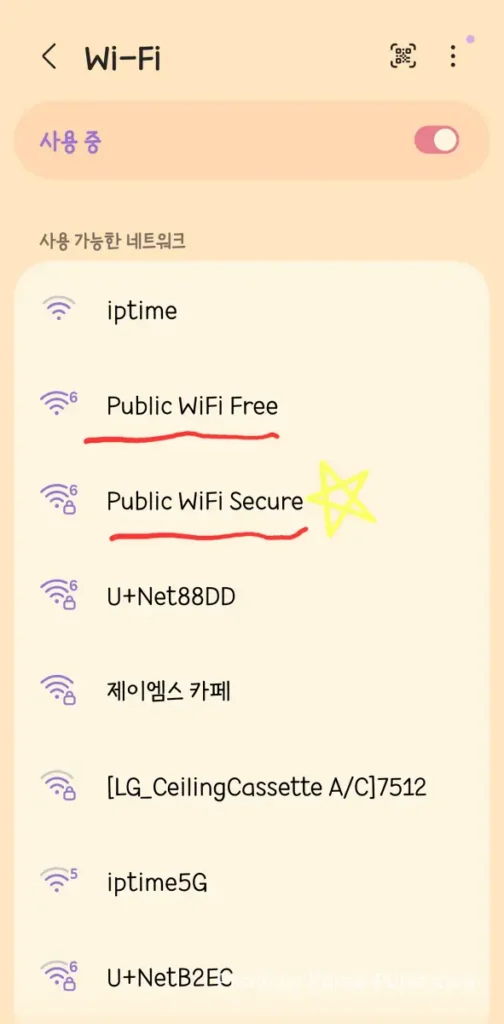 Android Samsung Wi-Fi settings showing Public WiFi Free and Public WiFi Secure with star annotation pointing to Secure network Korea bus