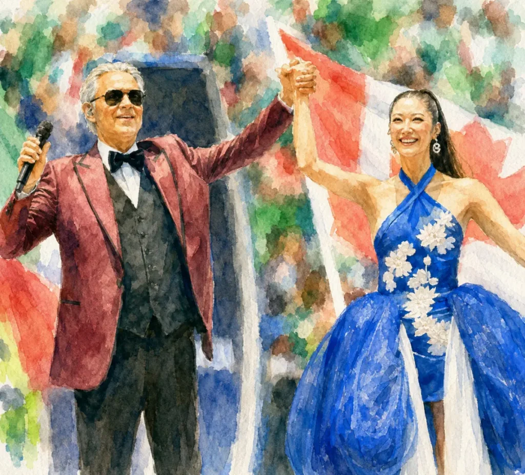 K-Pop World Cup 2026: How Korea Took Over the Planet's Biggest Stage 1 EJAE and Andrea Bocelli performing DNA at FIFA World Cup 2026 opening ceremony Estadio Azteca Mexico City watercolor illustration. K-pop World Cup 2026.