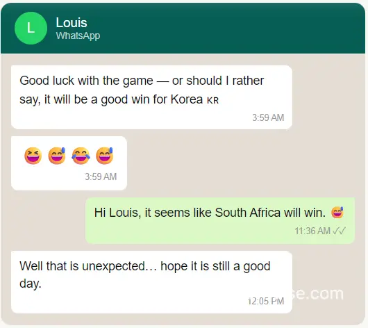 Korea World Cup 2026: Inside the Nation That Never Stops Believing 3 WhatsApp conversation between Global Dad and Ethiopian colleague Louis about Korea World Cup 2026 South Africa match