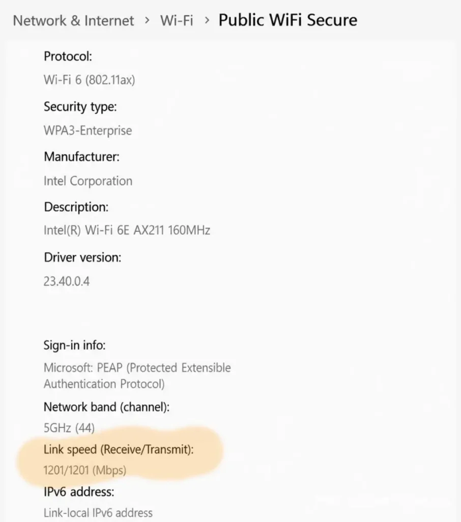 Windows Network and Internet settings showing Public WiFi Secure connection details Wi-Fi 6 802.11ax WPA2 WPA3-Enterprise security and 1201 1201 Mbps link speed 5GHz channel 44