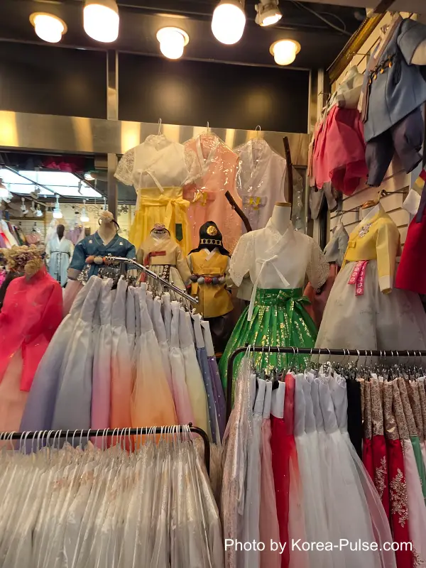 Elegant female hanbok on display Gwangjang Market clothing market