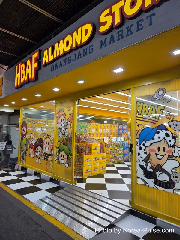HBAF almond store near Gwangjang Market's central crossroads