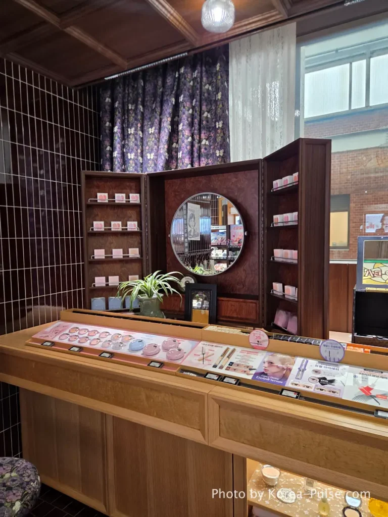 Olive Young Gwangjang Market: The Retro K-Beauty Store Hiding Inside a Century-Old Market 4 Vintage round mirror and curtain display at Olive Young Gwangjang Market