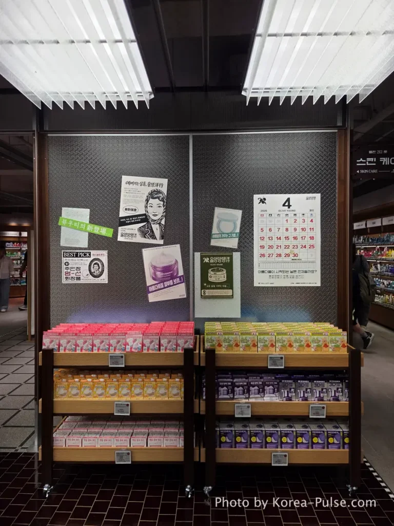 Olive Young Gwangjang Market: The Retro K-Beauty Store Hiding Inside a Century-Old Market 14 Skincare product shelves at Olive Young Gwangjang Market Seoul