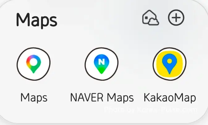 Google Maps in Korea with Naver Map and KakaoMap apps installed on a Korean smartphone home screen