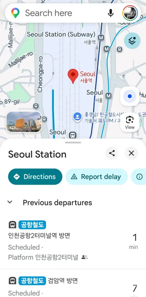 Google Maps Seoul Station search result before requesting directions in Korea