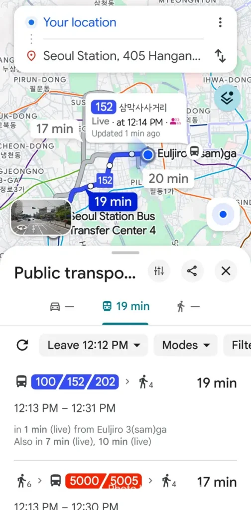 Google Maps public transit route options from Euljiro to Seoul Station showing 19 minutes