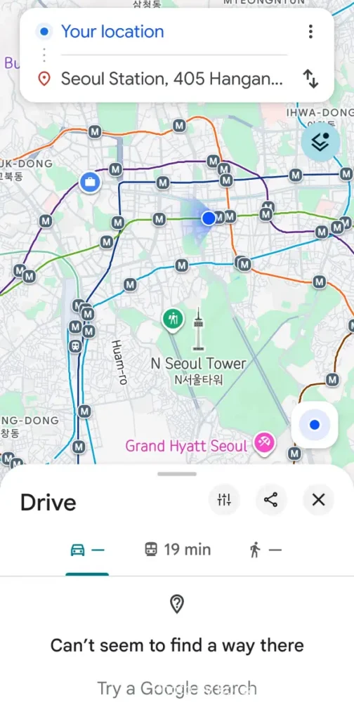 Google Maps in Korea showing no driving directions available with the message cant seem to find a way there