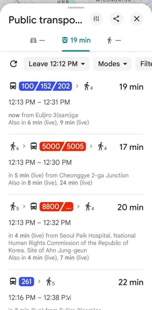 Google Maps bus route detail with live arrival times at Euljiro 3-ga stop in Seoul