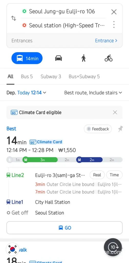 Naver Map transit route from Euljiro to Seoul Station showing 14 minutes and 1550 won fare in English