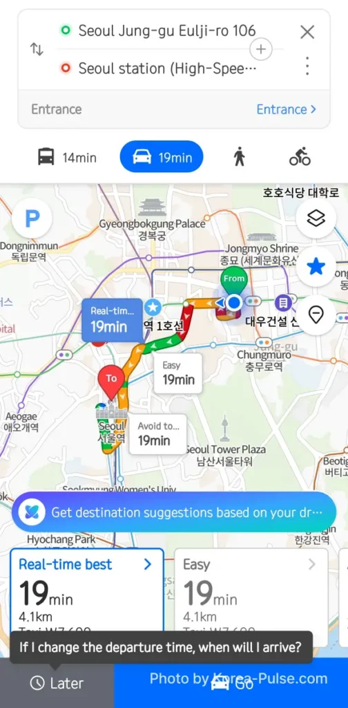 Naver Map driving route options to Seoul Station showing 19 minutes and 4.1 km with real time traffic