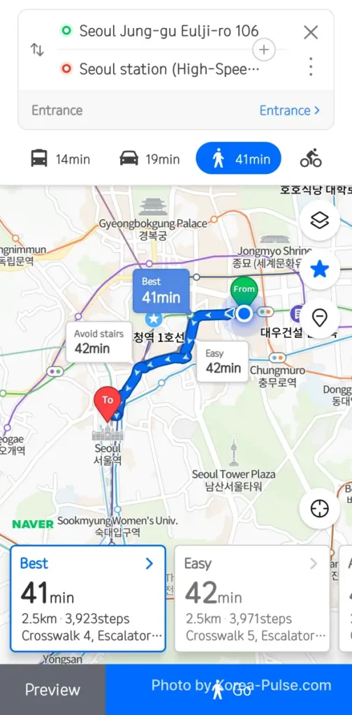 Naver Map walking route to Seoul Station showing 41 minutes 2.5 km and 3923 steps with avoid stairs option