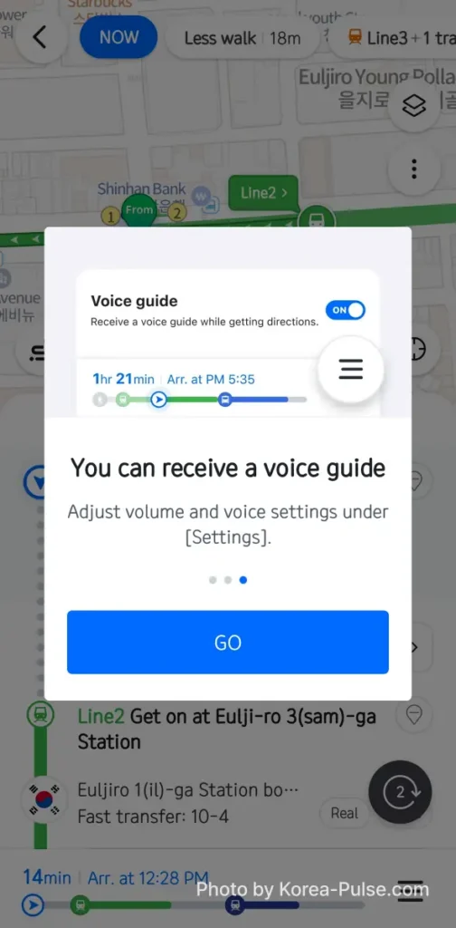 Naver Map English voice guide popup before starting transit navigation in Seoul