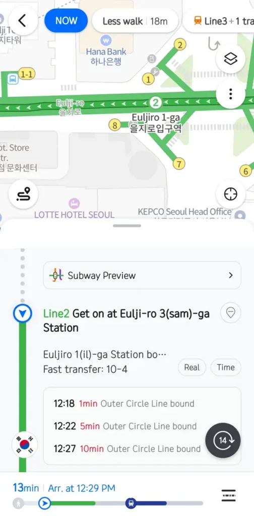 Naver Map transit navigation screen showing subway departure times and fast transfer door number