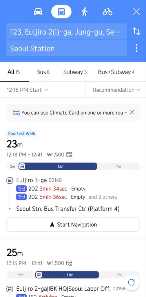 KakaoMap transit route options to Seoul Station showing 23 minute bus route with live arrivals