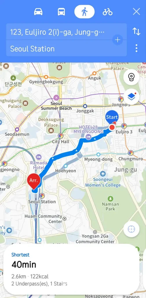 KakaoMap walking route to Seoul Station showing 40 minutes 2.6 km and 122 kcal