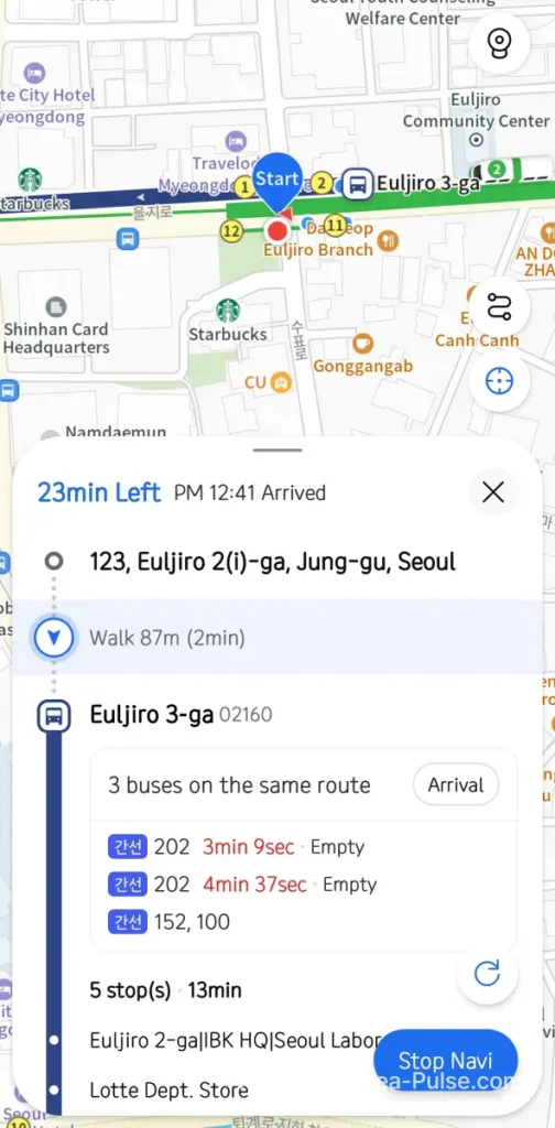 KakaoMap bus navigation to Seoul Station showing five stops route from Euljiro