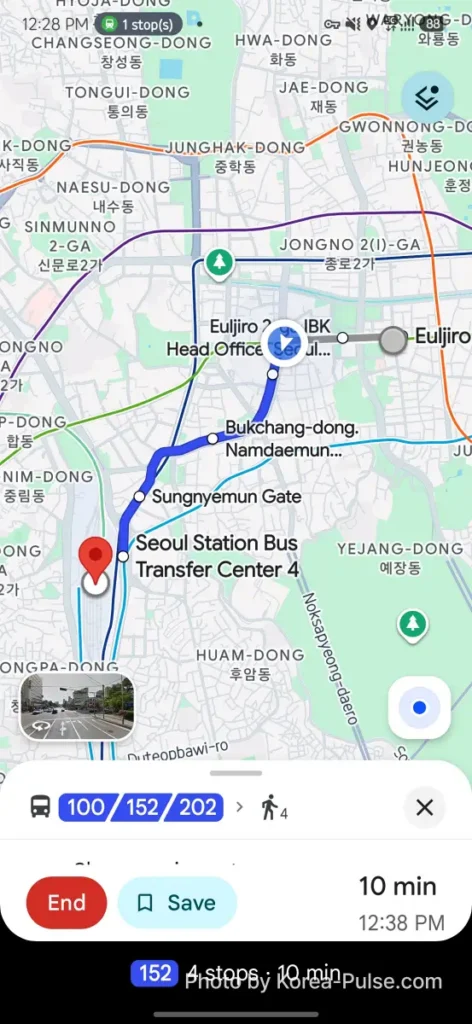 Google Maps live position and remaining time on bus route to Seoul Station