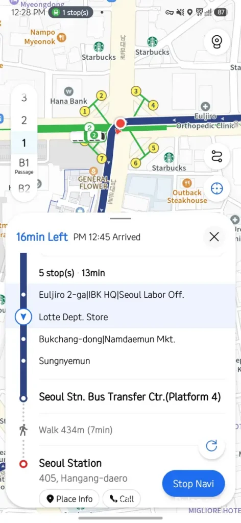 KakaoMap live position showing 16 minutes remaining to Seoul Station by bus