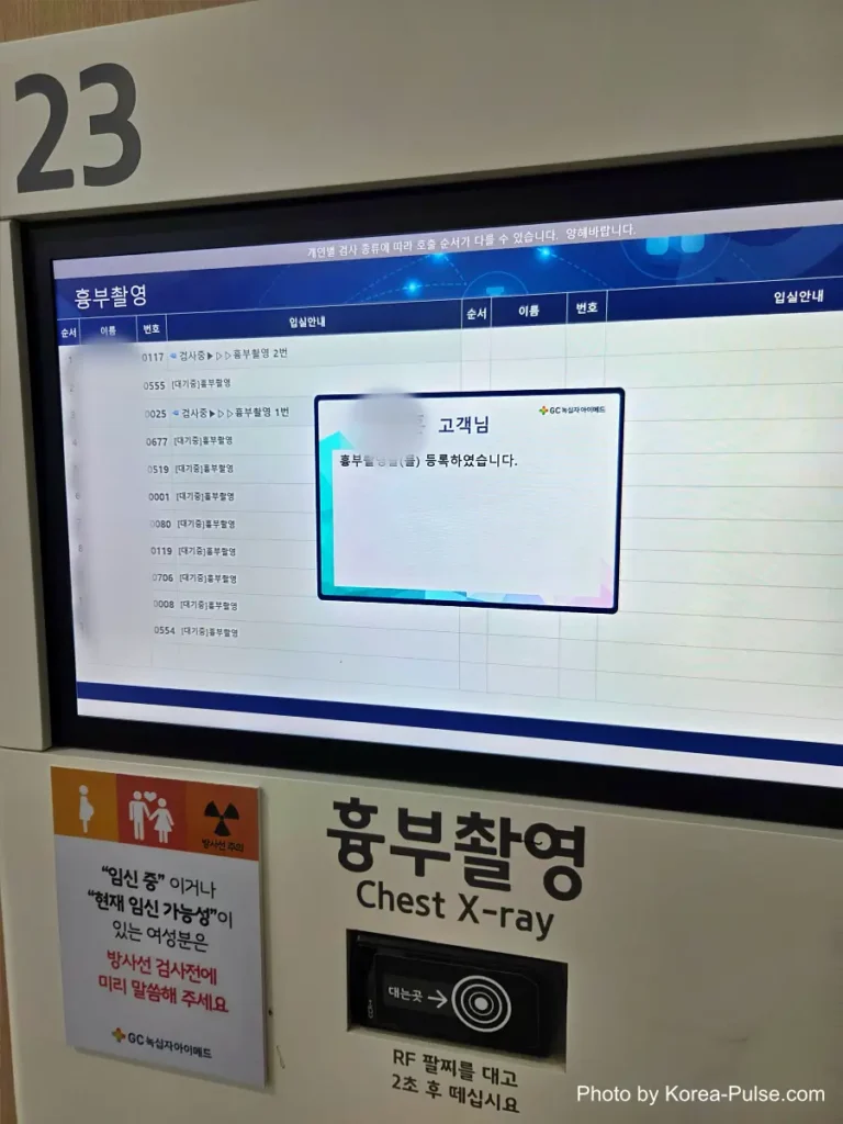 Overhead digital queue monitor above a Chest X-ray examination room showing patient status