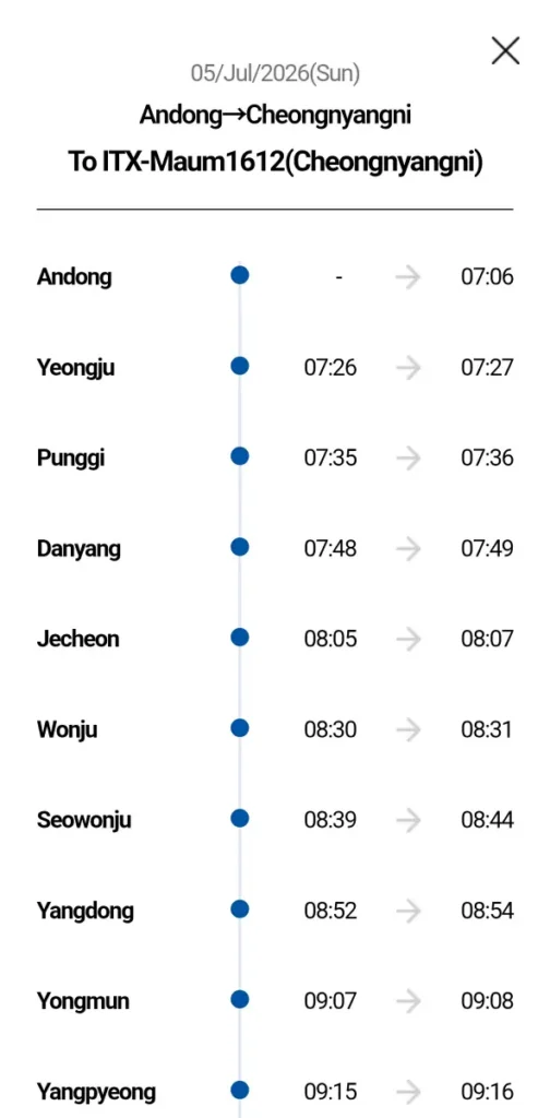 Korail Talk Booking Guide: Ten Screenshots, One Ticket, Zero Guesswork 4 Korail Talk booking guide ITX-Maum 1612 timetable Andong to Cheongnyangni stops