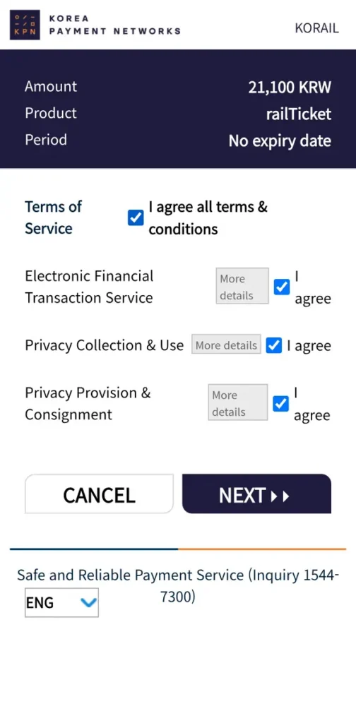 Korail Talk Booking Guide: Ten Screenshots, One Ticket, Zero Guesswork 9 Korail Talk booking guide Korea Payment Networks terms agreement screen